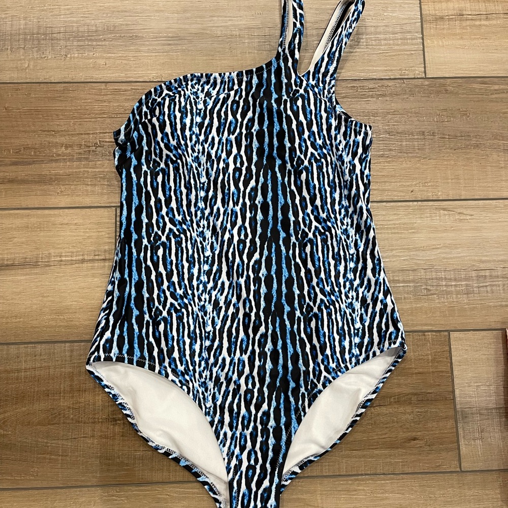 Blue and Black Animal Print Swimsuit One-piece Size Medium One Shoulder